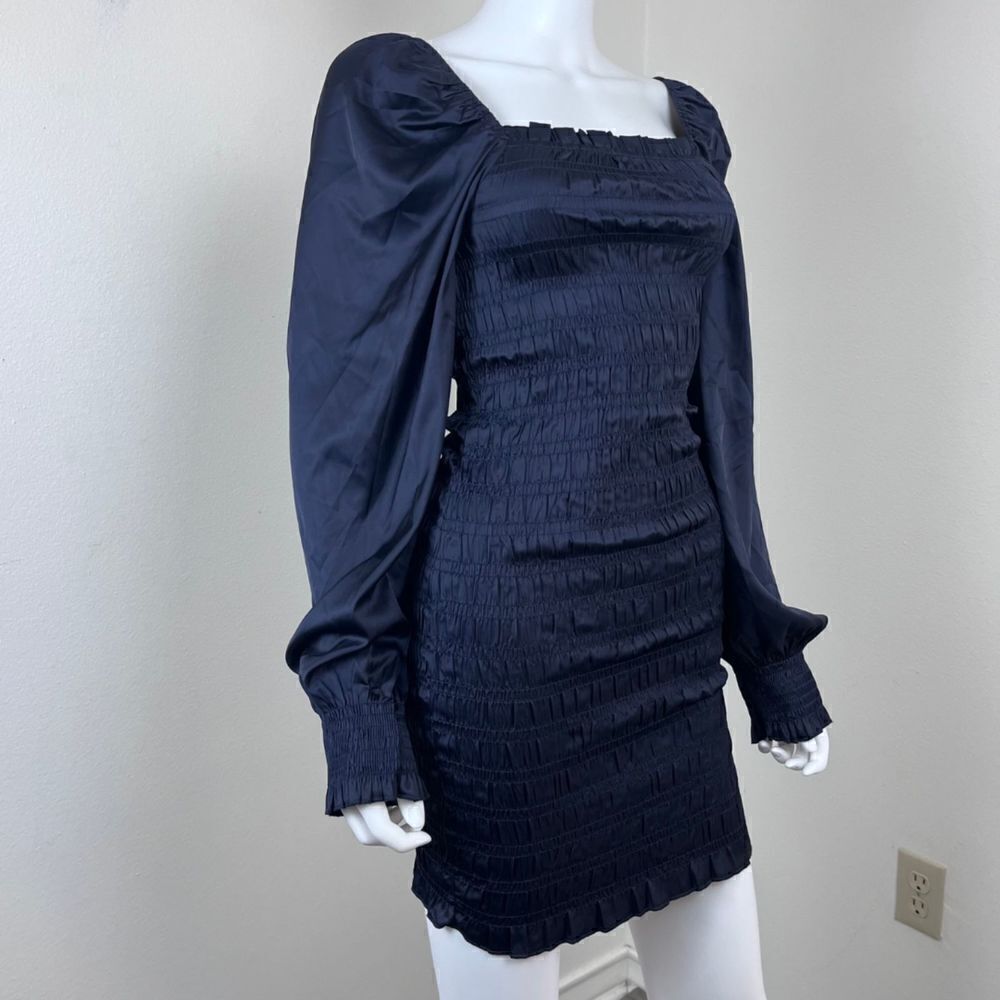 Dress Forum Women Size S Blue Smocked Satin Pullover Long Sleeve Mini NEW Dress - Picture 14 of 15